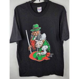Vtg Q Cat Pool Billiard T-Shirt Pool Hall Hustler Single Stitch Black Size L